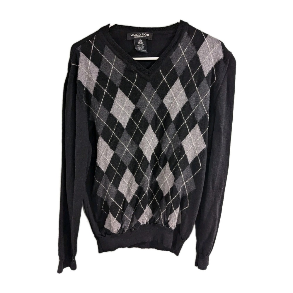 Marco Fiori Mens Sweater Gray 100% Merino Wool Argyle Diamond V-Neck Preppy L*
